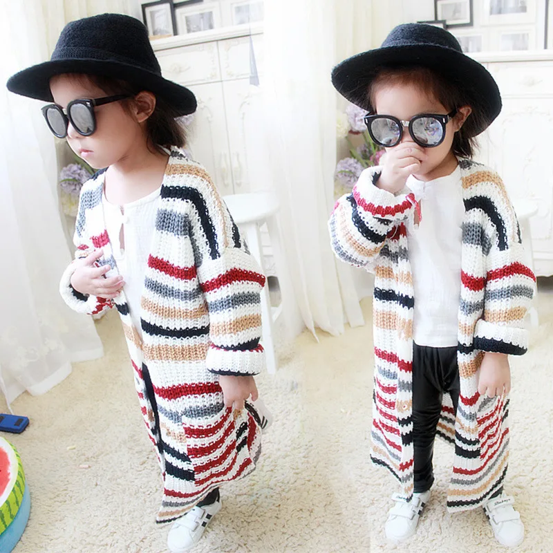 

2021 New Toddler Girls Long Sweater Cardigans Baby Girl Cardigan Outerwear Fashion Children's Striped Sweater Kids Knitwear Coat