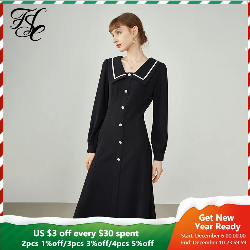 

Женское платье на пуговицах fansilзанен, черное, темно-синее платье с воротником, длинная юбка-трапеция контрастного дизайна на зиму