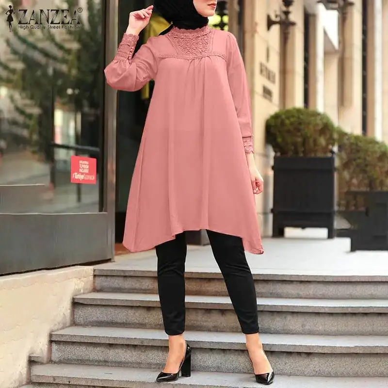 

Long Sleeve Shirts Female High Low Solid Robe Femme Chemise ZANZEA Kaftan Muslim Abaya Hijab Tops Oversized Women Autumn Blouses