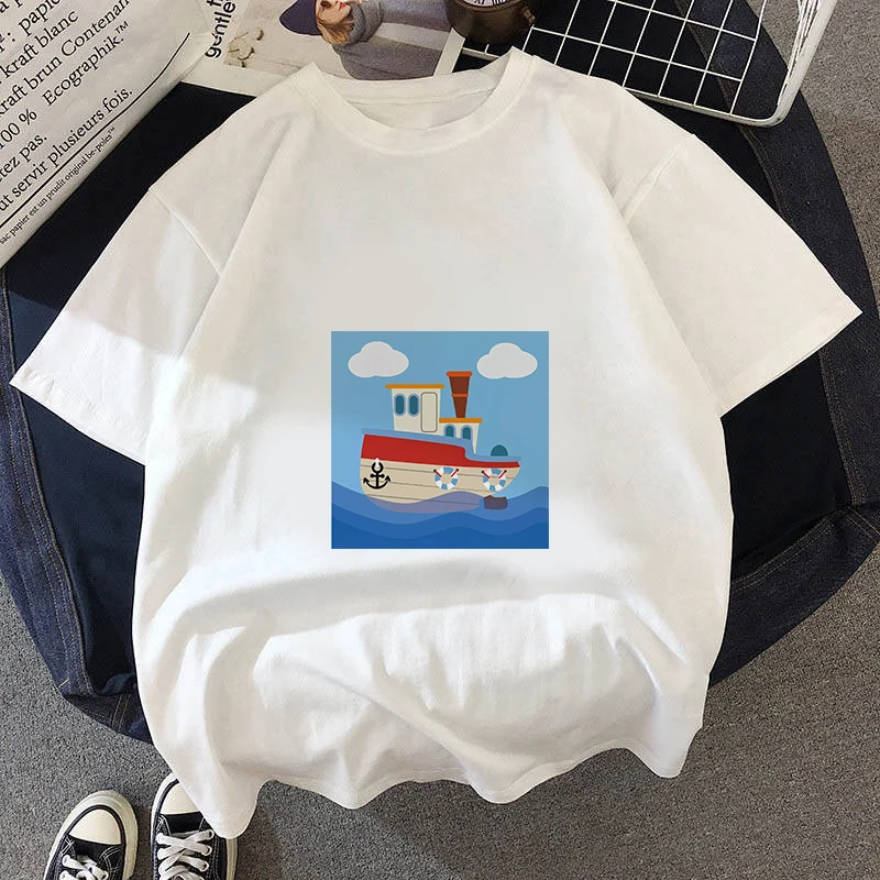 

Women Vintage Style Fashion Hand Painted Boat Print Funny Summer T Shirt Women Princess Summer Short Sleeve Tees Female Clothing