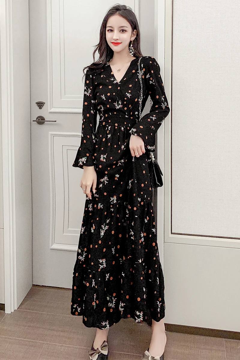 

new spring and autumn Floral Chiffon dress women's V-Neck long sleeve medium length dress with slim waist