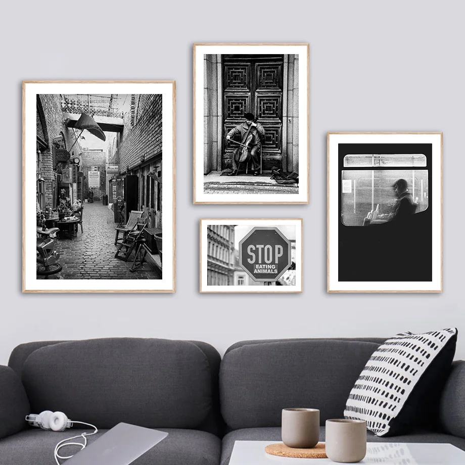 

Wall Art Canvas Paintings Black White Man Chair Cello Quote Retro Nordic Posters Prints Wall Pictures For Living Room Decoration