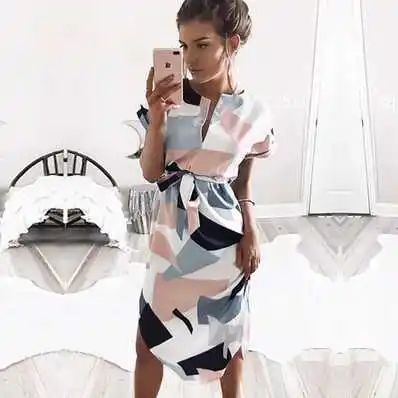 

Summer Plus Size Women Dress V Neck Short Sleeve Irregular Midi Dress Casual Tuniv Lace Up A Line