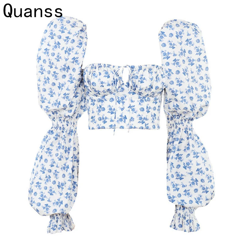 

Женский укороченный топ Quanss с цветочным принтом, милая Повседневная Блузка с длинными рукавами-фонариками на весну и осень, модель WSY38