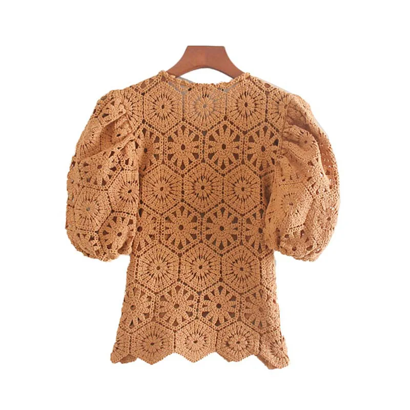 Выдалбливают вязаный короткий топ для женщин Осень Винтаж прилива рукав Милая