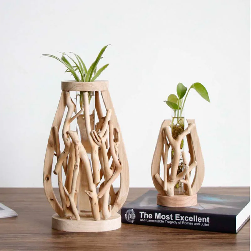 

Handmade Wooden Frame Small Vase Hydroponic Plant Transparent Vase Decoratio Glass Tabletop Flower Plant Pot Bonsai Home Decor