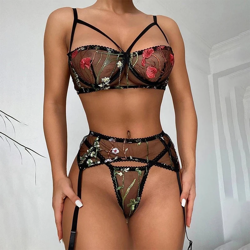 

Sexy Backless Embroidery Lace Lingerie Women For Sexy Underwear Three-piece Black Garter Lingerie Set Steel Ring Lenceria Mujer