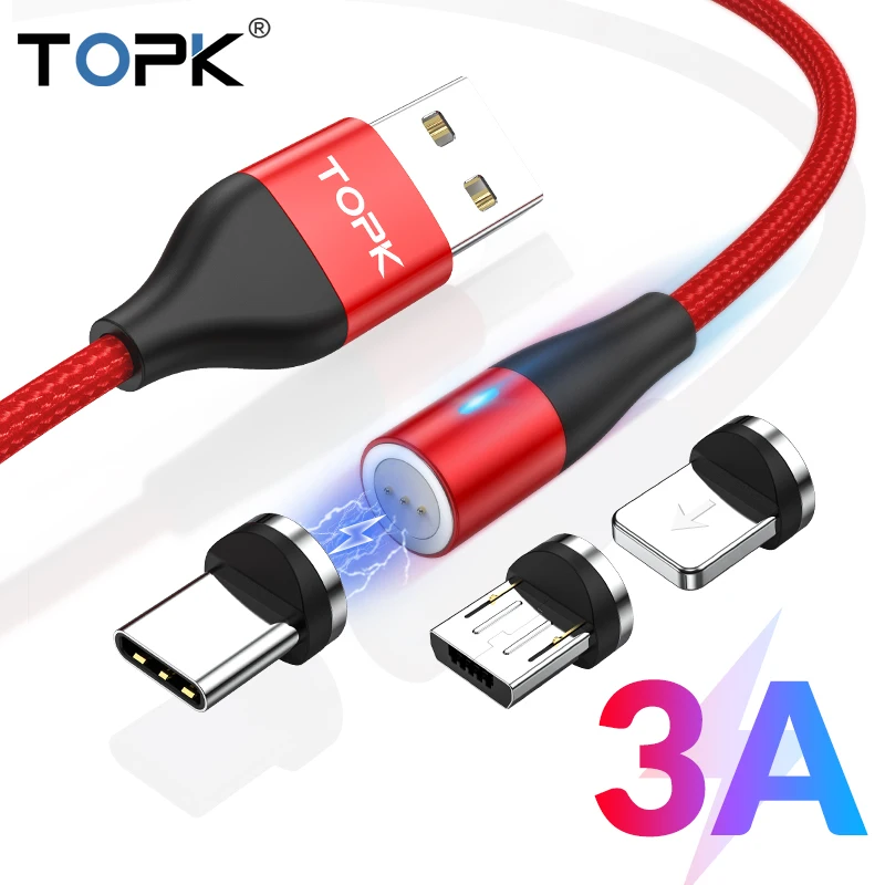 Магнитный usb-кабель TOPK 1 M 3A для быстрой зарядки данных iPhone Xs Max Magnet charger Micro USB type C