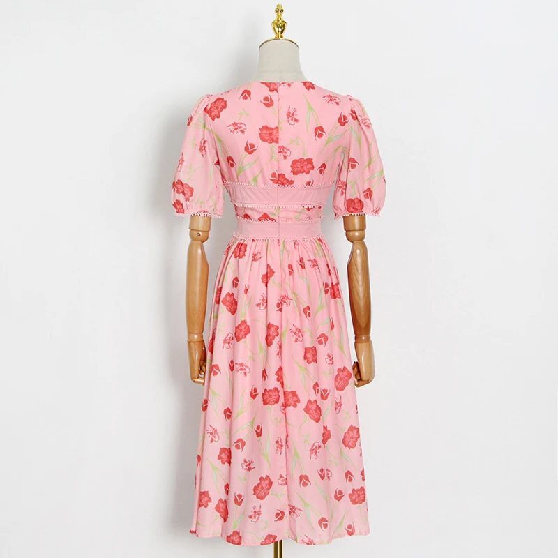 

Pink Print Floral Dress For Women V Neck Short Sleeve High Waist Midi Summer Dresses Female Fashion New Clothing