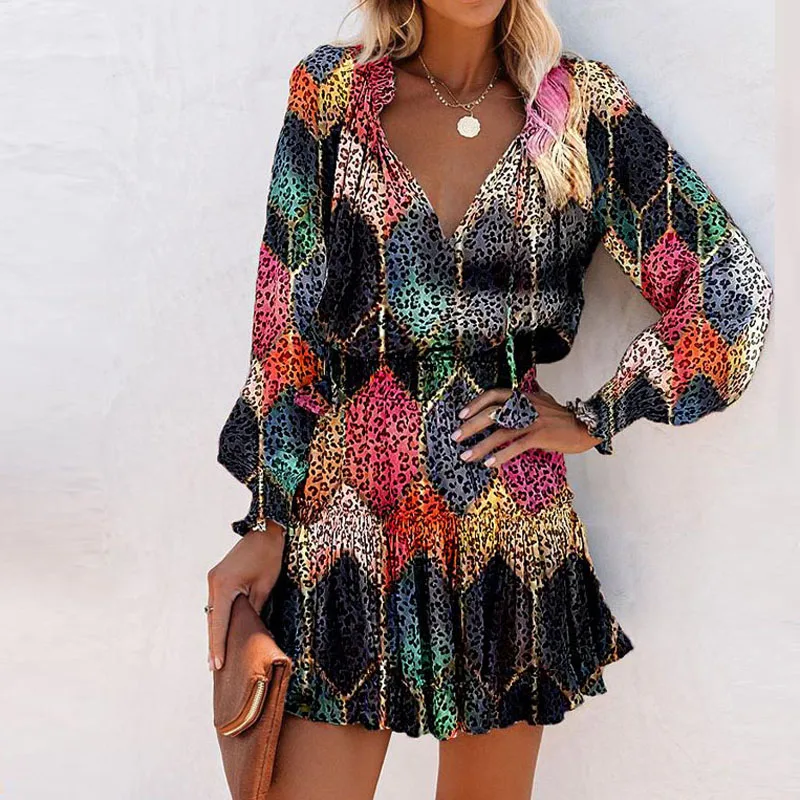 

Nice Women Fashion Floral Print Long Sleeve A-Line Dress Elegant V-Neck Drawstring Design Party Dress Lady Casual Loose Vestidos