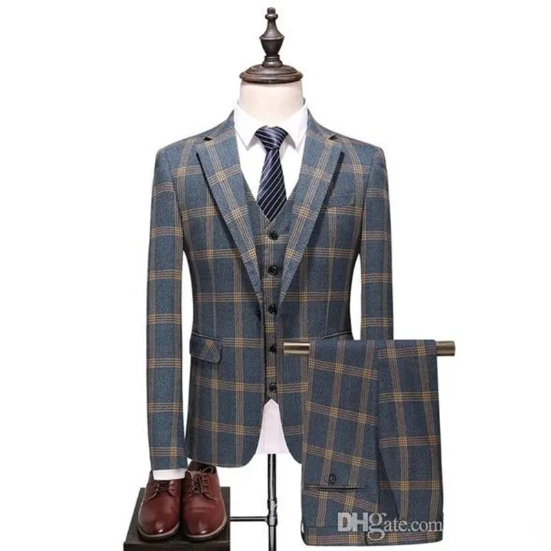 

Fashion Wedding Men Suits Designer Plaid Skinny Singal Breasted Notched Lapel Groom Tuxedos Size S-6XL Blazer 3 Pieces
