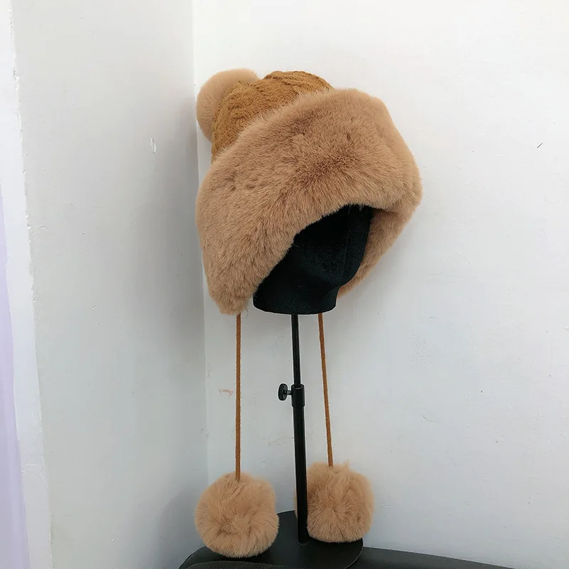 Cute Braid bomber hat for winter Women ladies Girls fur knit hat Beanie Outdoor warm hats cap ushanka with pom pom