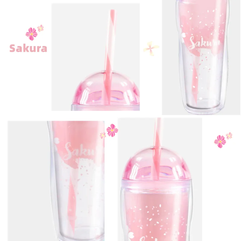 

Sakura Cup with Straw Reusable Tumbler Cup BPA Free Plastic Cup Summer Water Bottle for Drinking Juice Milk Coffee Mug 385ml