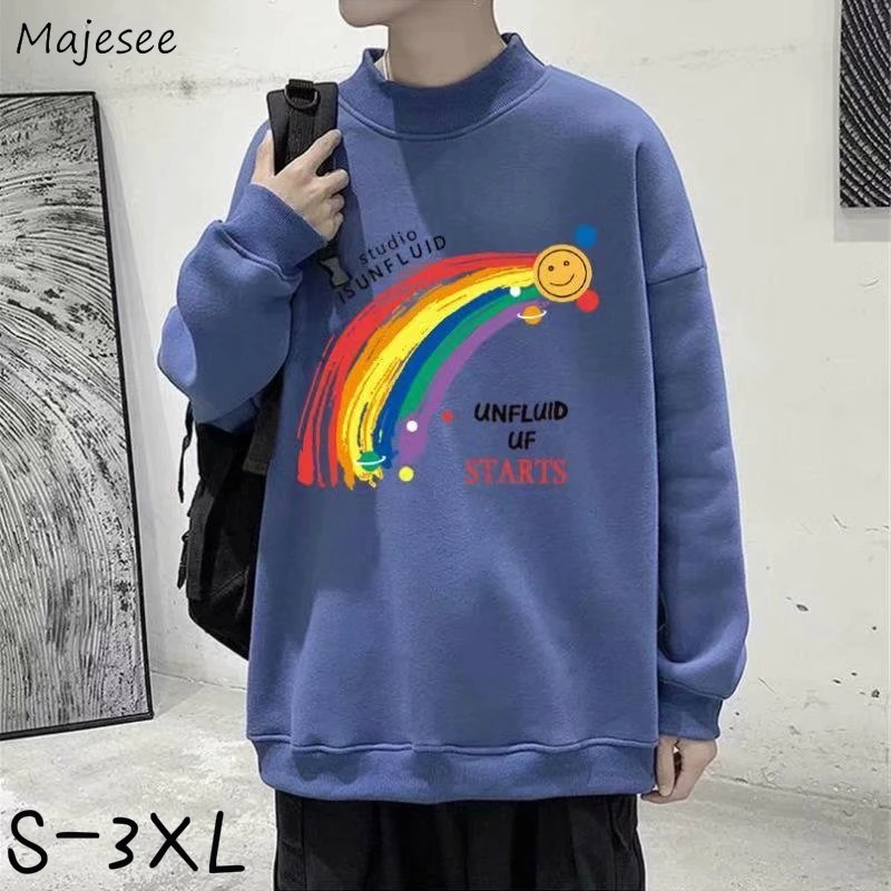 

Men No Hat Hoodies Plus Velvet Thicker Oversize 3XL O-neck Long Sleeve Turtleneck Rainbow Print Handsome Bf Soft Casual Harajuku