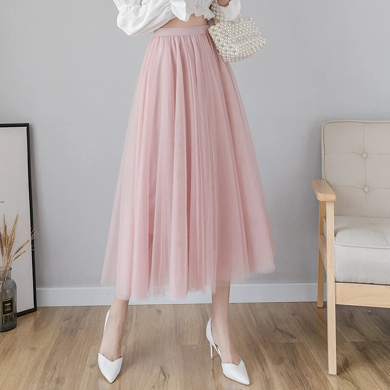 

Summer Skirts Womens 2020 Mid-Calf Tulle Skirt Women Elastic High Waist Big Swing A Line Midi Mesh Tutu Skirt Jupe Longue Femme