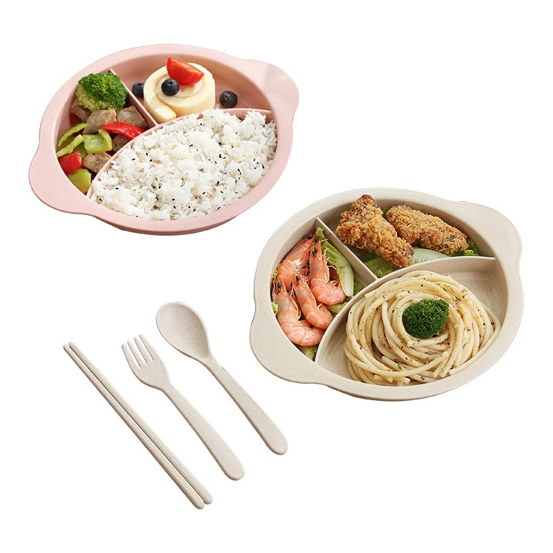 Vajilla de alimentaci&oacute;n para beb&eacute;, plato de paja de trigo para entrenamiento de reci&eacute;n nacido, con tenedor, palillo y cuchara, platos infantiles, MBG0520-0