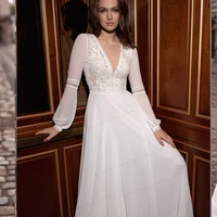 2021 lantern sleeves boho wedding dress long sleeve lace chiffon beach bridal gowns boho elegant v neck wedding party dress