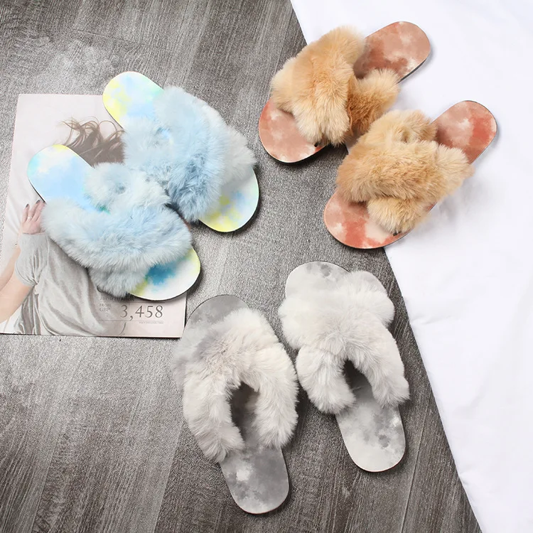 

Furry Slides Women Fashion Indoor Casual Flat-bottomed Ladies Home Shoes Outside Wear Color Cross Hair Drag Female Slippers