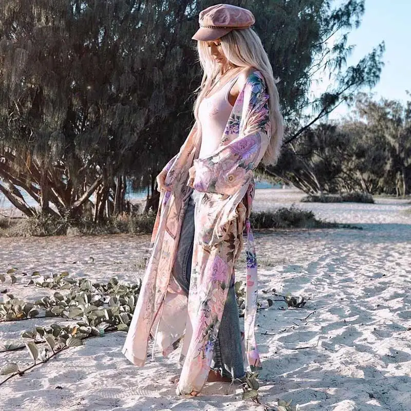 Длинное кимоно с принтом лилии богемный Вдохновленный этнический стиль