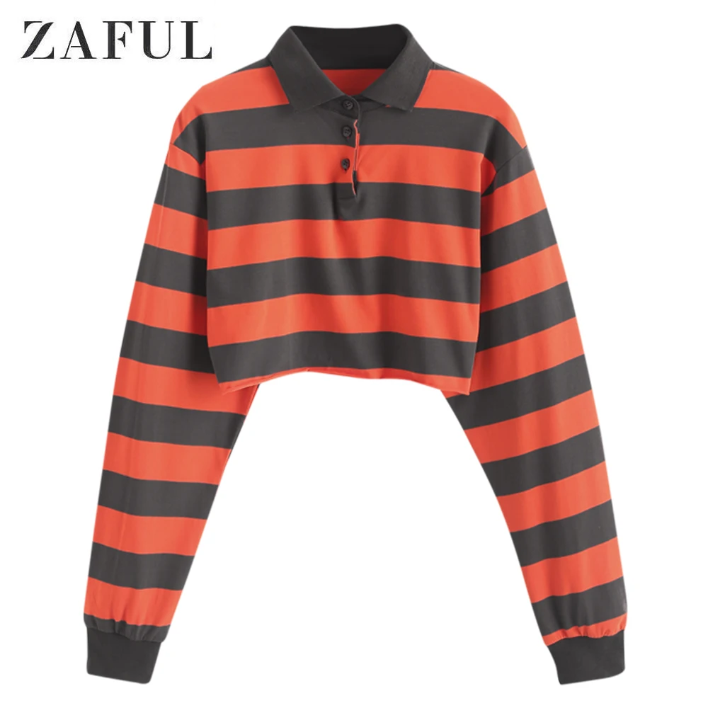 ZAFUL осень с отложным воротником Укороченная рубашка Для женщин футболка с длинными рукавами, в полоску, с принтом футболка с короткими рукавами женская половина свитшот на пуговицах