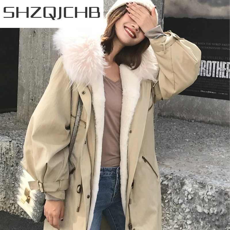 

JCHB 2021 Fur Coat Women Real Rex Rabbit Fur Coat Raccoon Fur Collar Real Fur Parka Winter Coat Women Clothes Manteau Femme T13