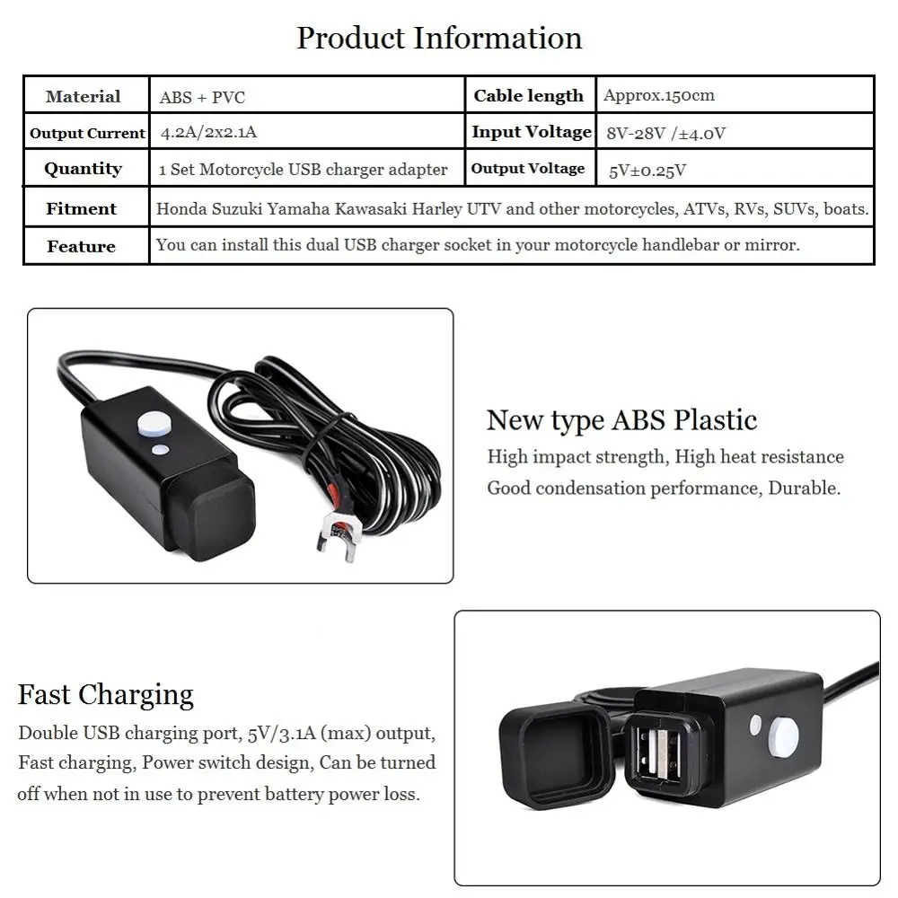 Универсальное зарядное устройство для мотоцикла с двумя usb портами 12 В адаптер