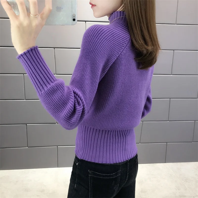 

Sweater Women Fashion Cashmere Knit Jacket Turtleneck Solid Slim High Waist Pullovers Coat Female Raglan Sleeve Knit Sweater