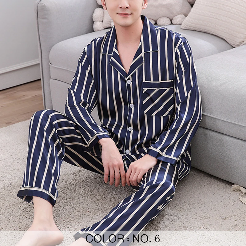Пижамный комплект для мужчин атласная пижама, ночное белье, нижнее белье с длинным рукавом, полосатый принт, повседневная весенне-осенняя з... от AliExpress WW