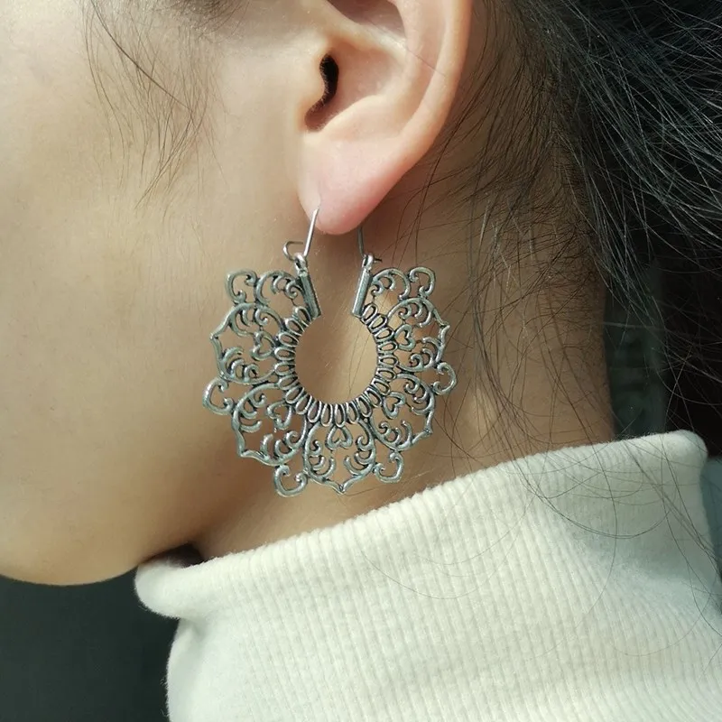 Индийский Племенной латуниевые серьги длинные висячие с цветочным рисунком