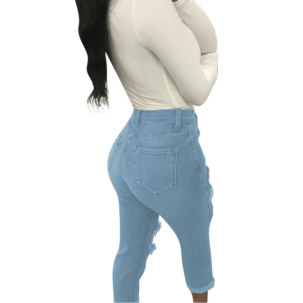 

High Stretchy Hollow Hole Ripped Jeans for Women High Waist Zipper Fly Party Club Trouser Streetwear Female Pencil Denim Pants
