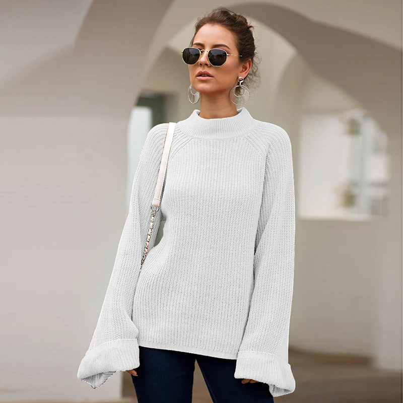 TWOTWINSTYLE однотонный Свободный вязаный женский свитер водолазка с расклешенными рукавами пуловеры негабаритные свитера женские осень