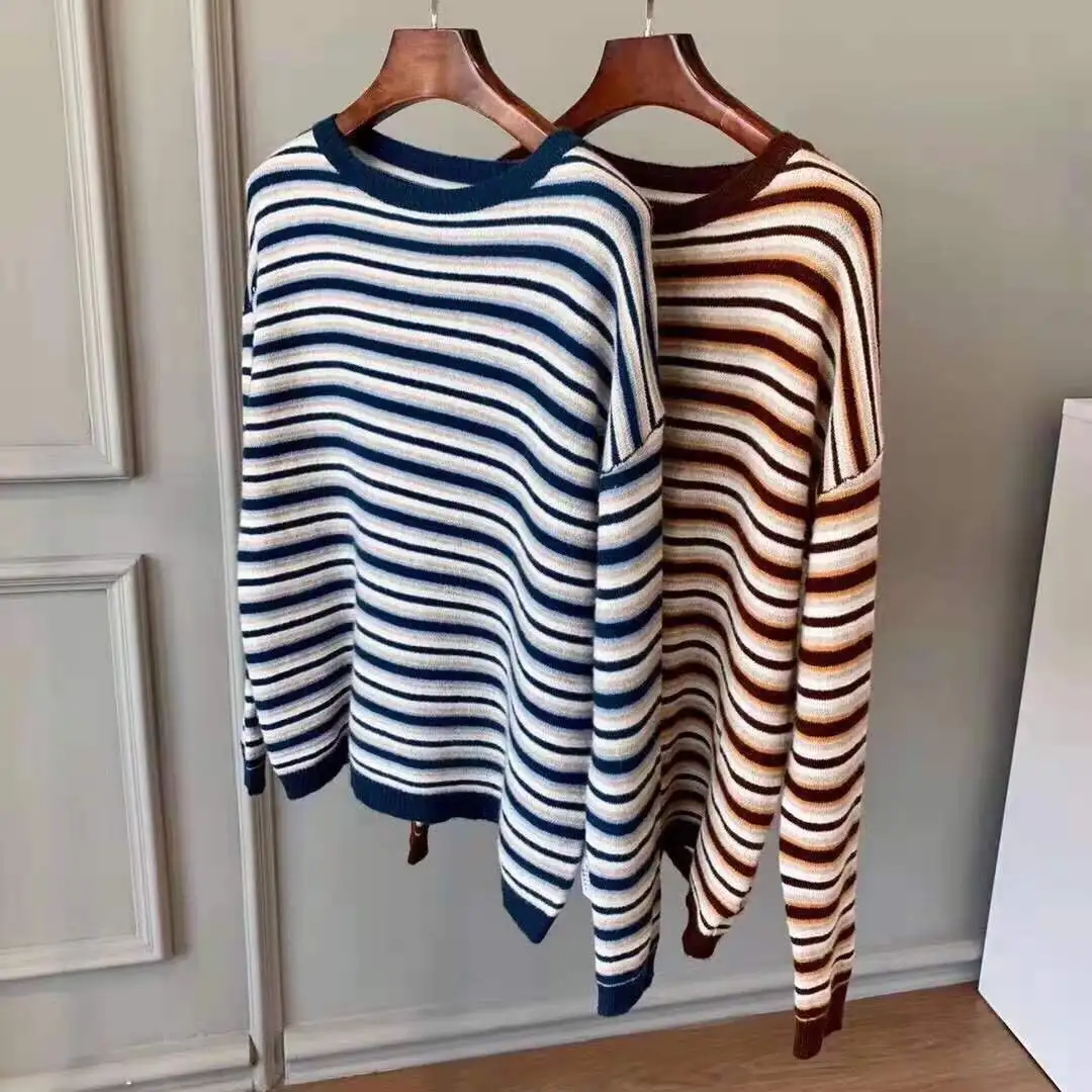 

Women Sweater 2021 New Thin Soft Color Striped Three-dimensional Long-sleeved Round Neck Slim Contrast Sweater Women