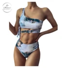 Красочные Бикини с глубоким V-образным вырезом, купальник с цветочным принтом, женское бикини, новые купальники с бантом, комплект бикини на шнуровке, купальный костюм для женщин