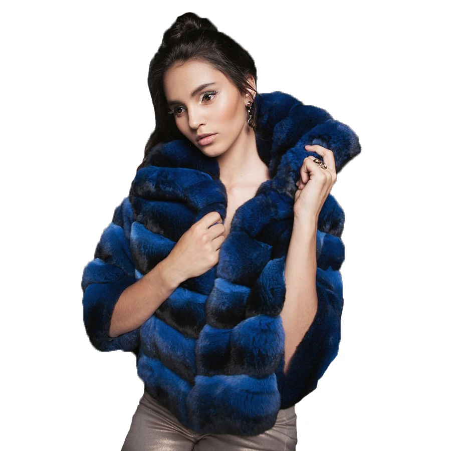 

Royal Blue Fur Coat Women Premium Quality Rex Rabbit Overcoat 2021 New Hot Sale Cropped Fur Jacket