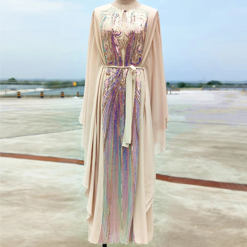 

Women Multicolor Sequins Caftan Chiffon Long Farasha Sleeves Muslim Dress Loose Abaya Dubai Turkey Moroccan Party Evening Gowns