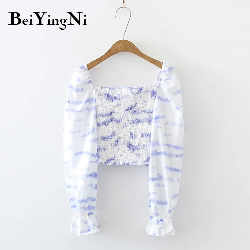 

Beiyingni 2021 Tie Dye Y2K Blouses Blusas Women Long Sleeve Sexy Cropped Tops Female Pleated Slim Sweet Cute Shirts Girls Shirts