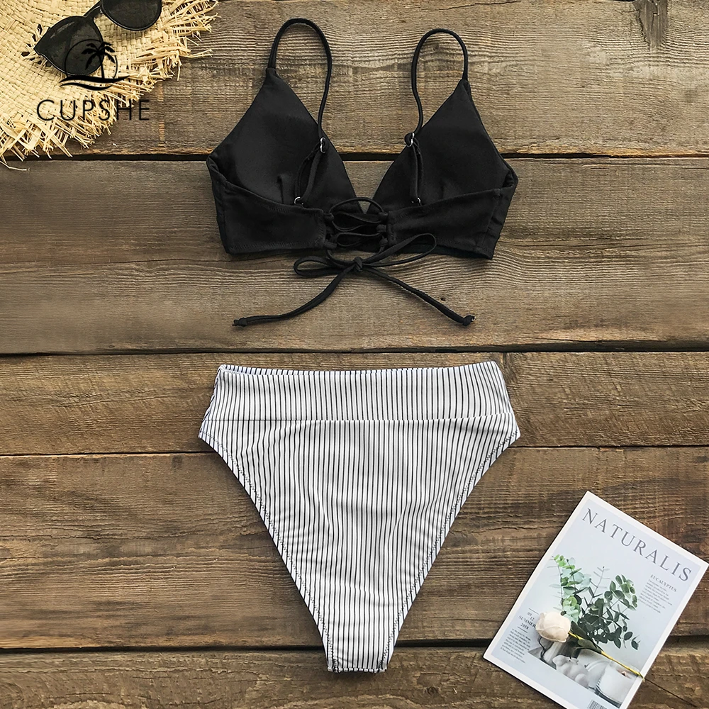 CUPSHE черный Одноцветный в полоску с высокой талией бикини наборы сексуальный