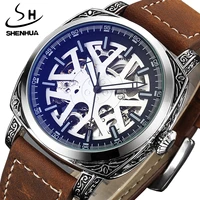 shenhua automatic mechanical modern retro mix style blue face light silver skeleton business genuine casual wristwatches for men