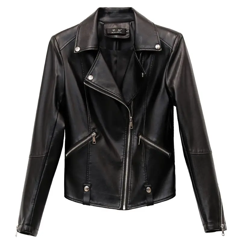 M-4XL Women Motobike Leather Jacket Spring Autumn Fashion Zipper Slim Tops Red Short Coat Black Sheepskin Outerwear Female