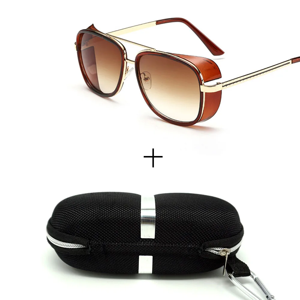 Glasses and case Минимальный мужской стимпанк солнцезащитные очки тони старк железный человек солнцезащитные очки ретро винтажные очки стимпанк солнцезащитные очки UV400 - Цвет линз: Glasses and case