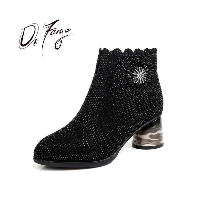 

Ботинки DRFARGO женские с круглым носком, черные блестящие, на молнии, теплая обувь на высоком каблуке, с цветами сбоку, на весну-зиму