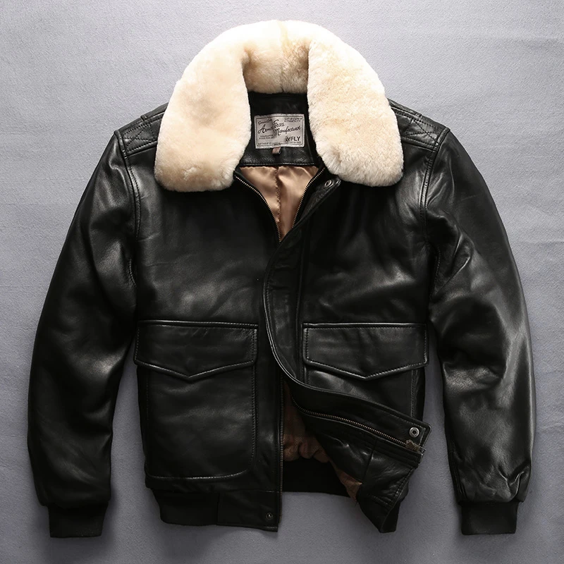 

Men's leather coat imported sheep skin American loose short lapel flight suit leather jacket jacket men Winter men's leather