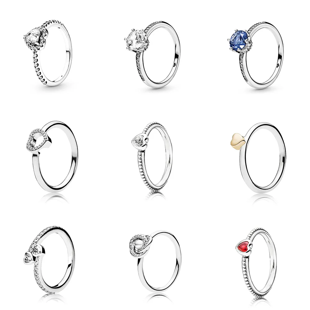 

Gold Heart 925 Sterling Silver Ring Charm Round Lovely Heart Red Clear Crystal Cz Finger Ring For Women Party Jewelry