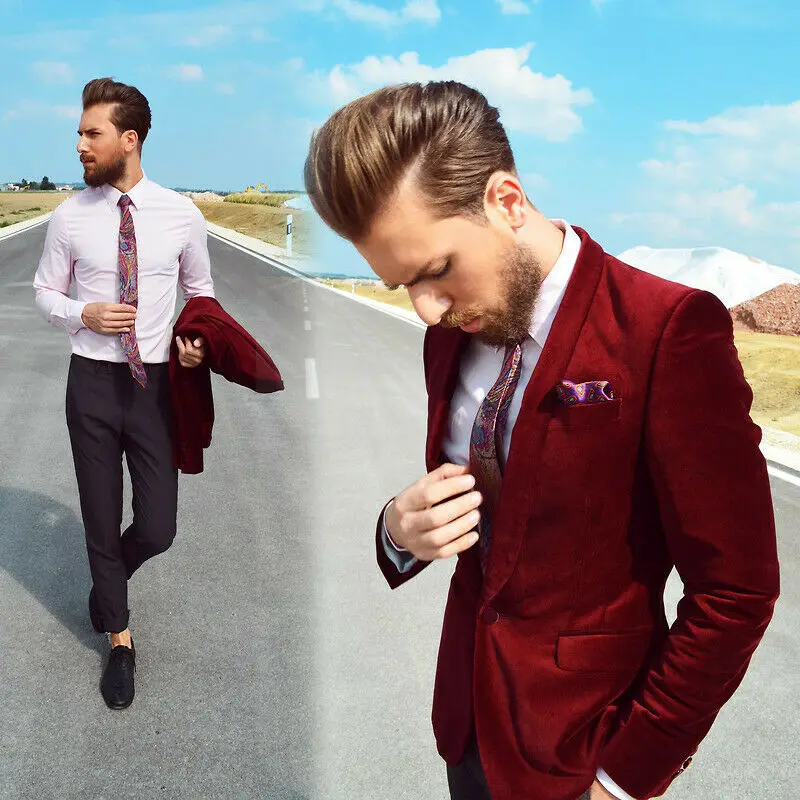 

Casual Red Velvet Men's Coat Slim Fit Tuxedos Grooms Prom Party Tuxedo Groom Suits For Men Wedding Morning Blazer One Piece Coat