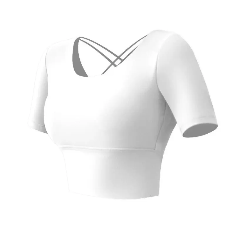 

Sexy Tight Yoga Shirts Women Short Sleeve Cropped Gym Padded Tops Fitness Running Sport T-Shirts Blouse Bra Sports Wear