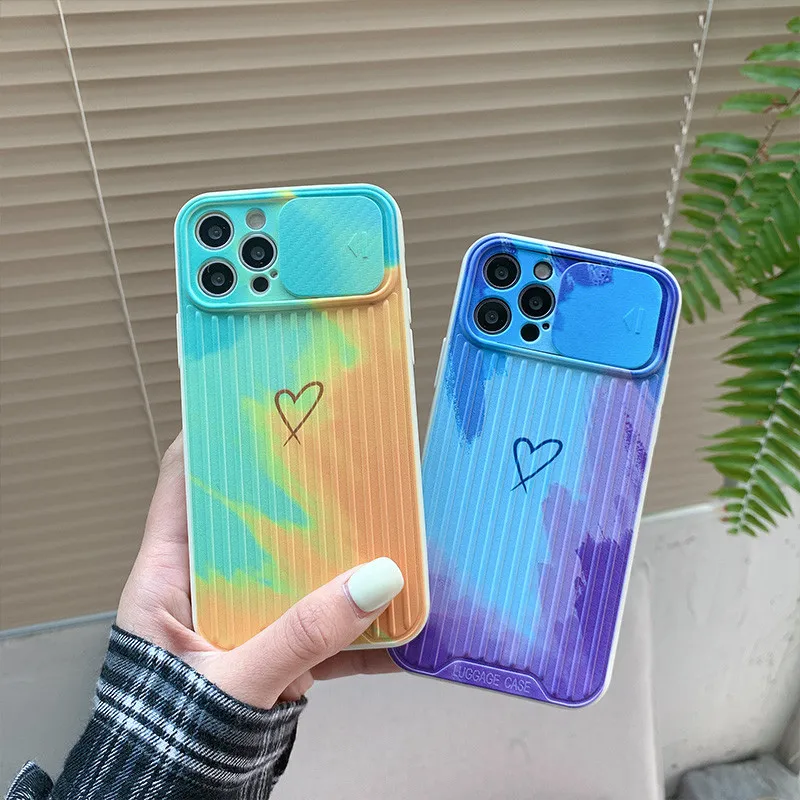 

Lovely Love Heart Watercolor Phone Case For iPhone 12 11 Pro X XR XSMAX 7 8 Plus SE2020 Slide Camera Lens Protection Back Cover