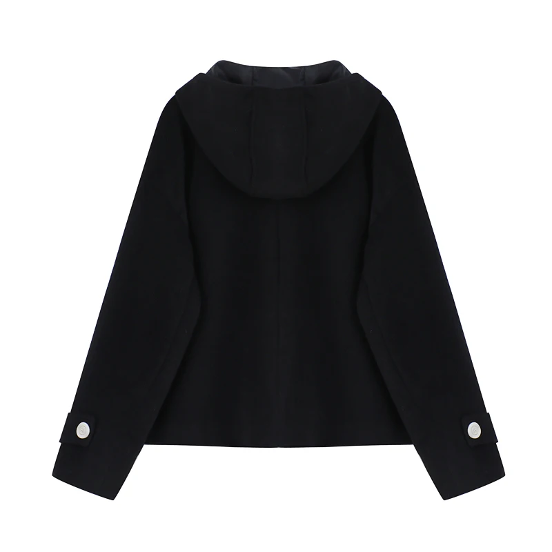 Женское шерстяное пальто на пуговицах Черное короткое хлопковое с капюшоном в