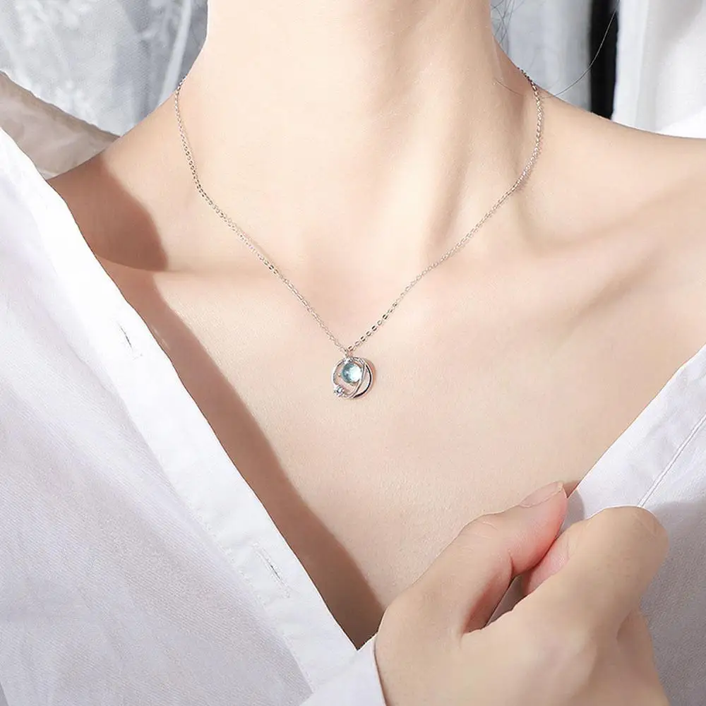 High quality silver plated universe planet pendant necklace magic star saturn blue crystal zircon Clavicle Chain Choker |