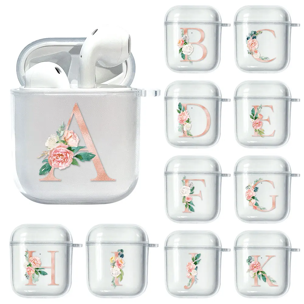 

Pink 26 Letters Flowers Case For AirPods 1 2 Transparent Protector for Apple Airpods Charging Box Cover Earphone Thin Bags