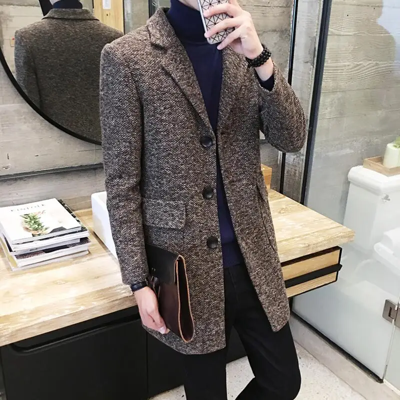 Light Brown Новинка зимы, Мужская модная бутиковая одежда, повседневное деловое шерстяное длинное пальто/мужское серое пальто, мужские повседневные куртки - Цвет: Light Brown